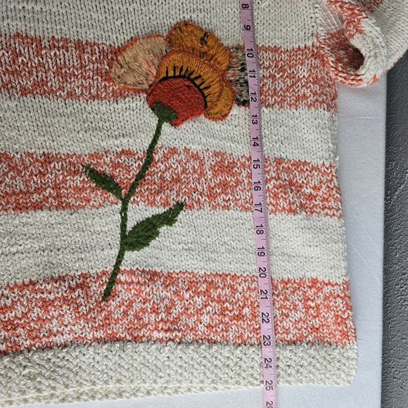 Cinzia Pistoia Hand Knit Flower Cotton Crew Sweater Small Orange Striped Cottage - Picture 4 of 9